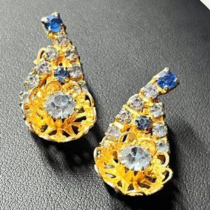 VTG Crystal Filagree Earrings Blue Fashion Jewelry 1.25"
